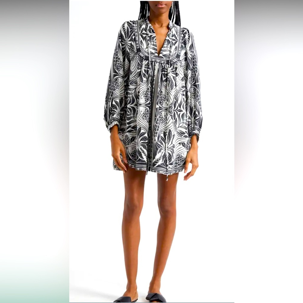 NWT Farm Rio Monochrome Elegance Scarf Print Long Sleeve Minidress Nordstrom